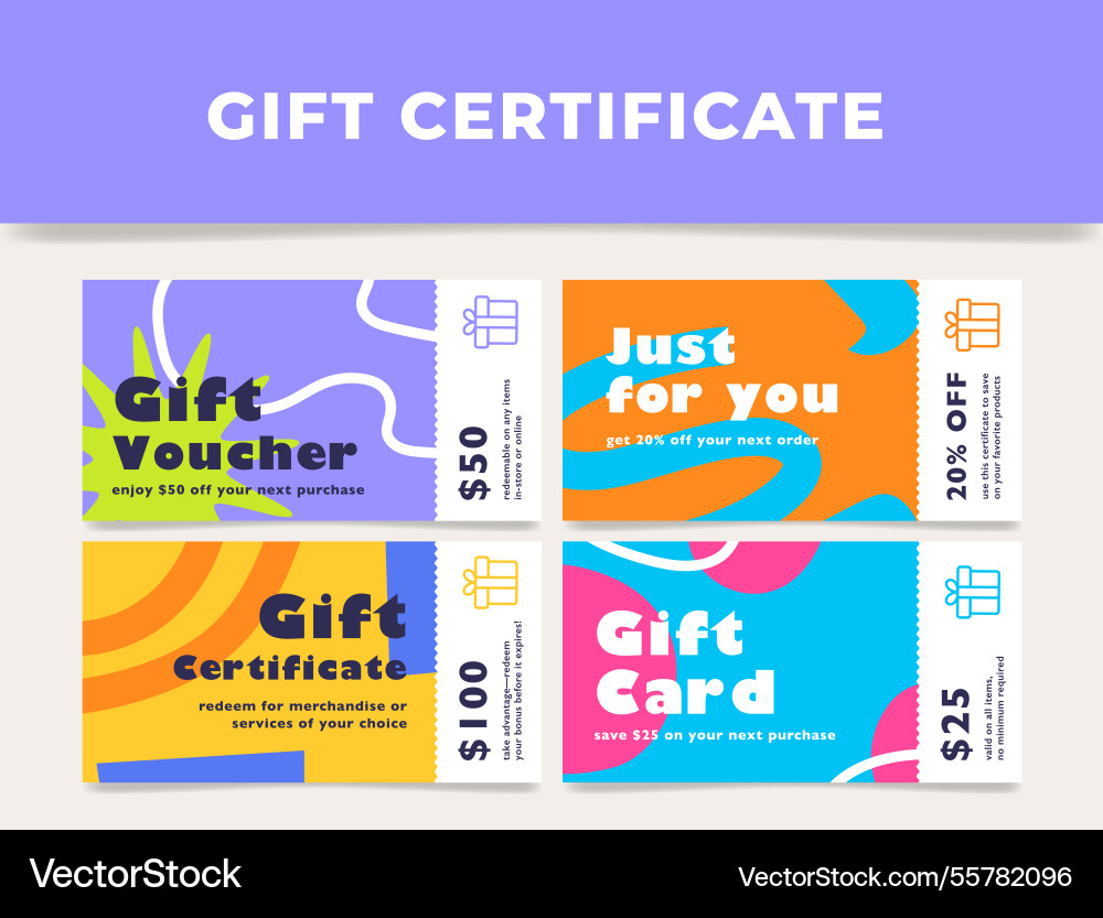 Various colorful gift certificates showcasing Various colorful gift certificates showcasing vector image