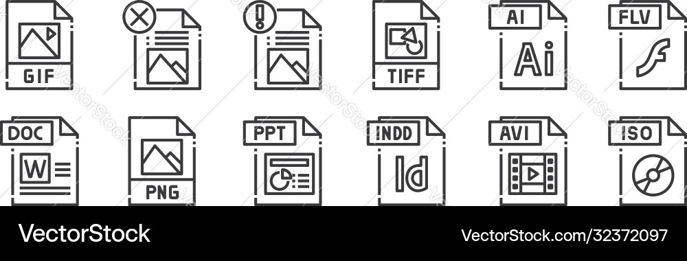 12 set linear file type icons thin outline vector image