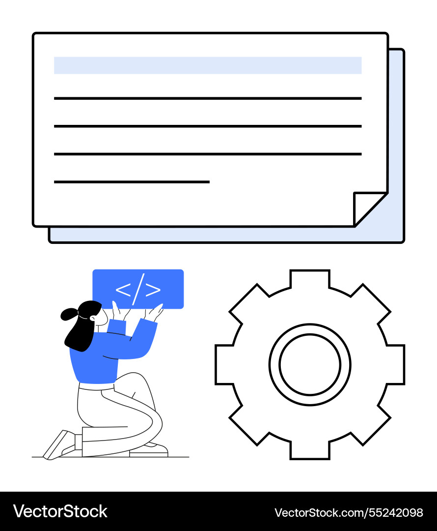 Female programmer coding with a laptop near gear Female programmer coding with a laptop near gear vector image