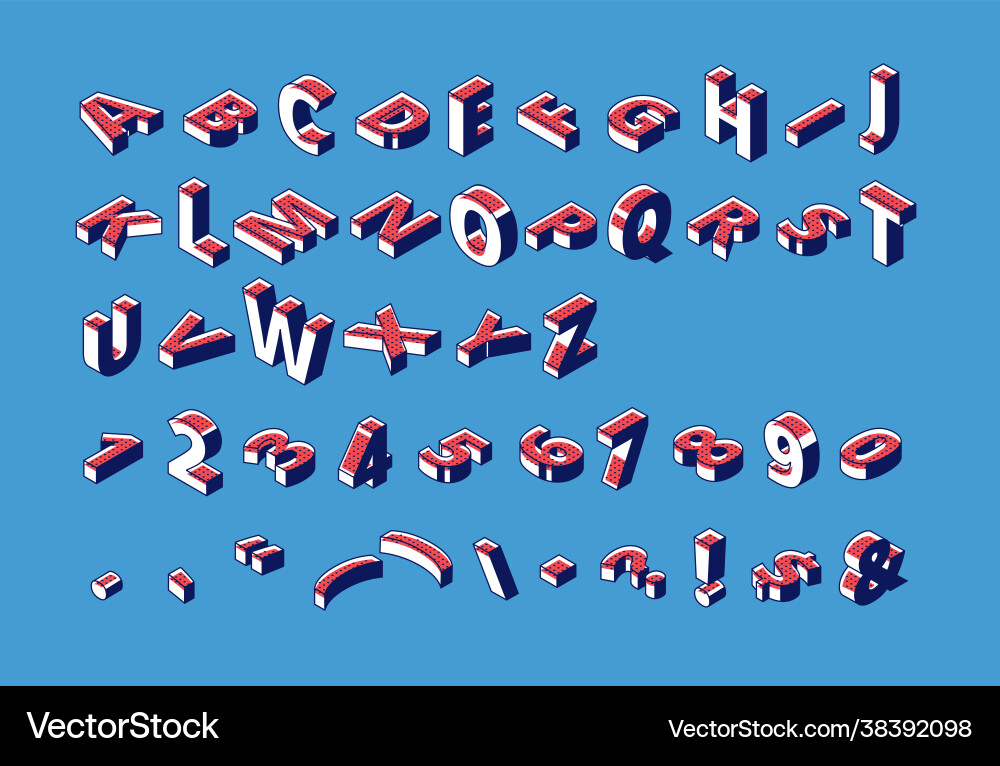 Isometric alphabet numbers and punctuation abc vector image