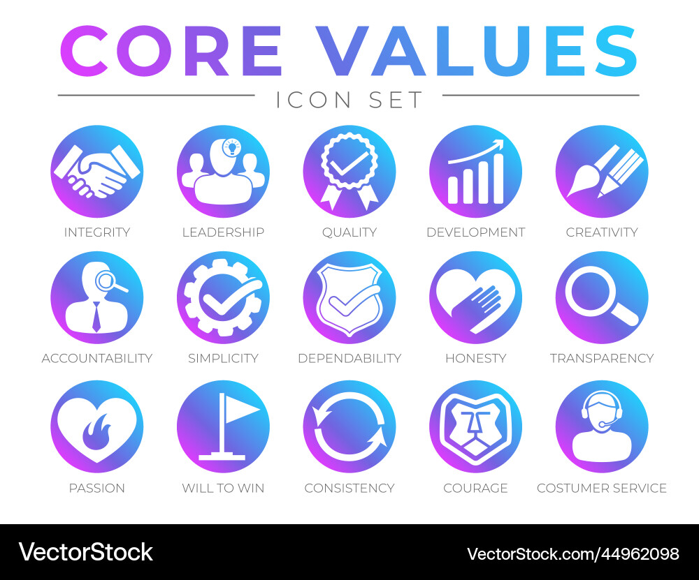 Neon web company core values round icon set Vector Image