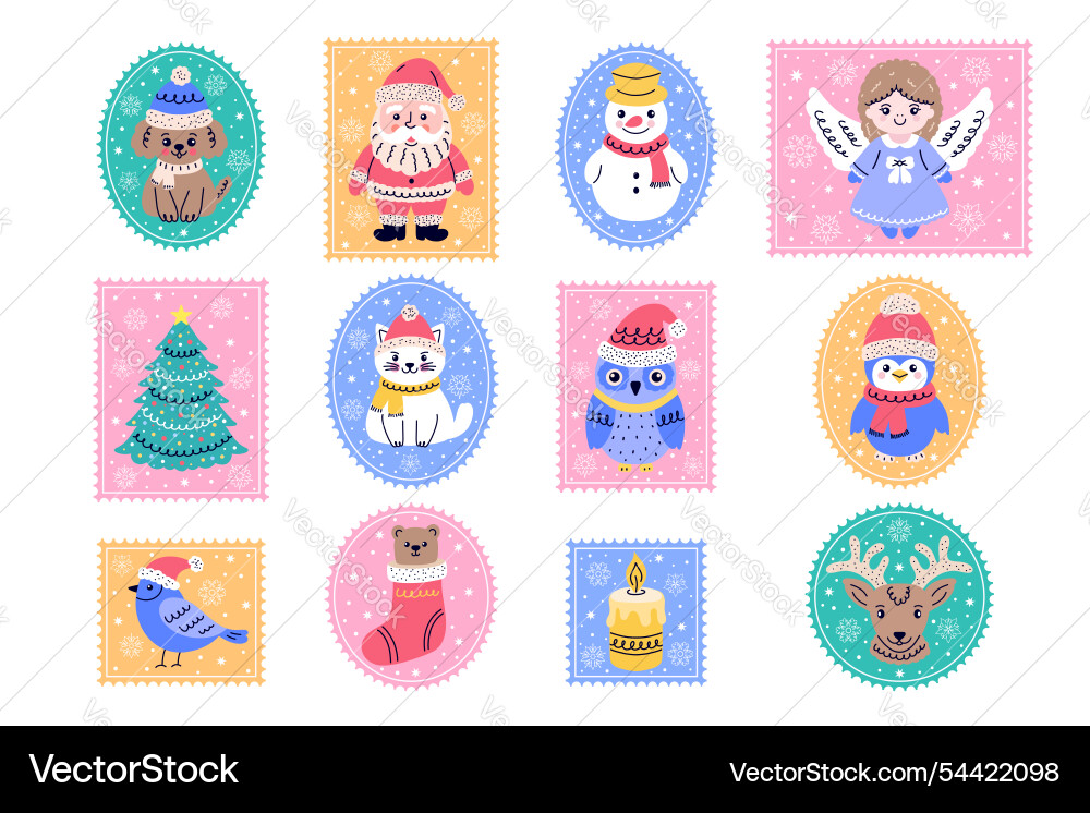 Sammlung von Briefmarken mit niedlichen Weihnachten Sammlung von Briefmarken mit niedlichen Weihnachten vektorbild