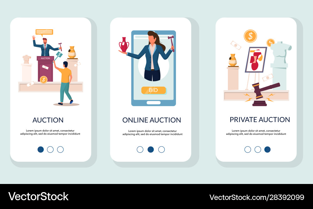 Auction mobile app onboarding screens Auction mobile app onboarding screens vector image
