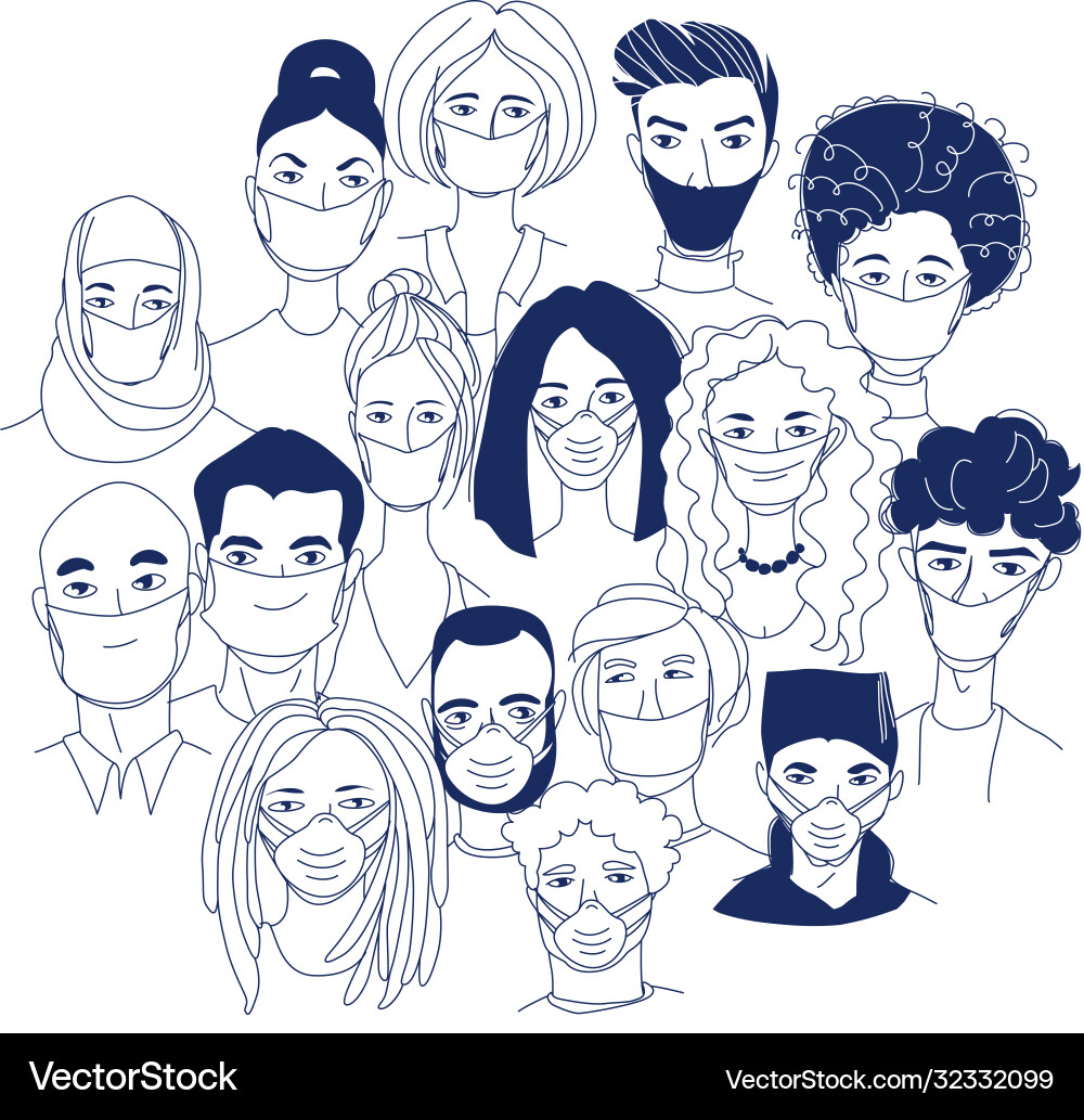 Diverse crowd group people wearing medical masks Vector Image