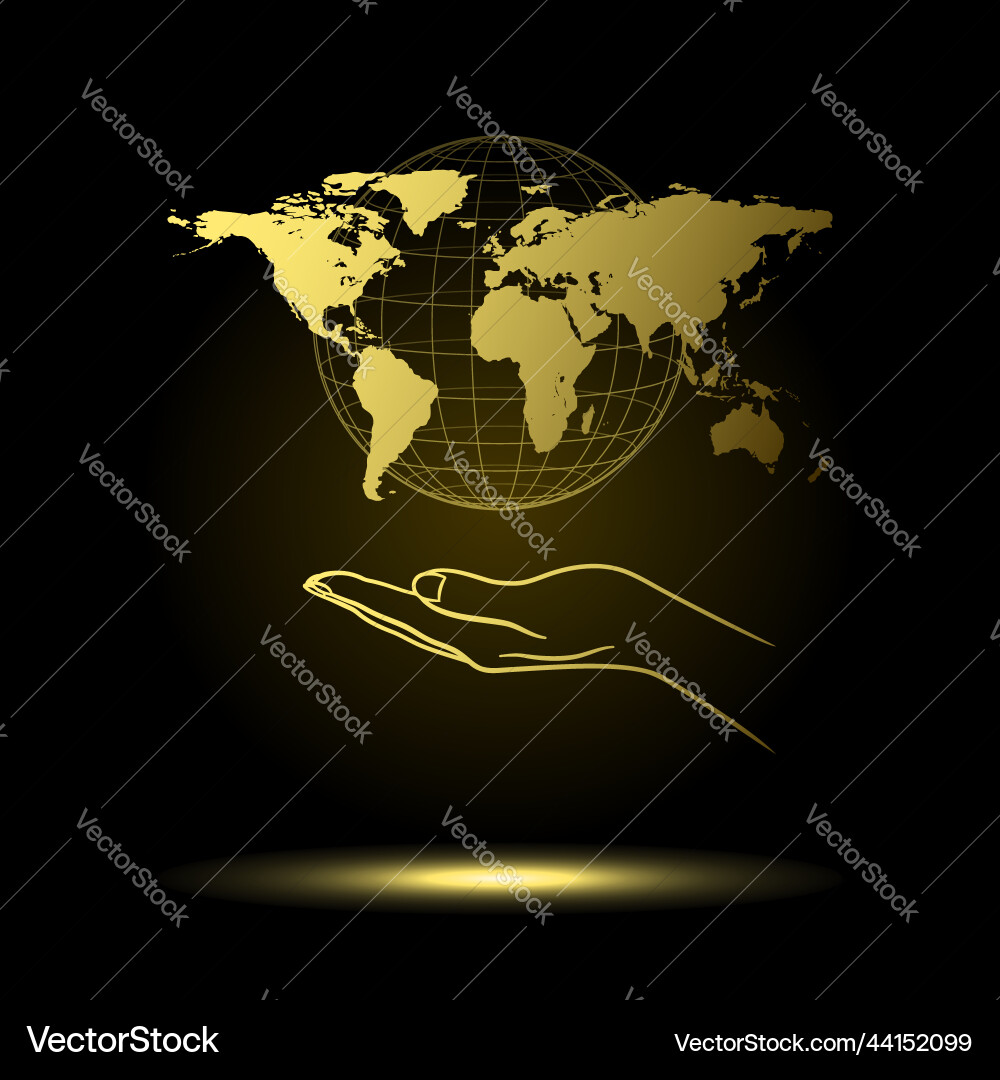 Golden open palm with world map Golden open palm with world map vector image
