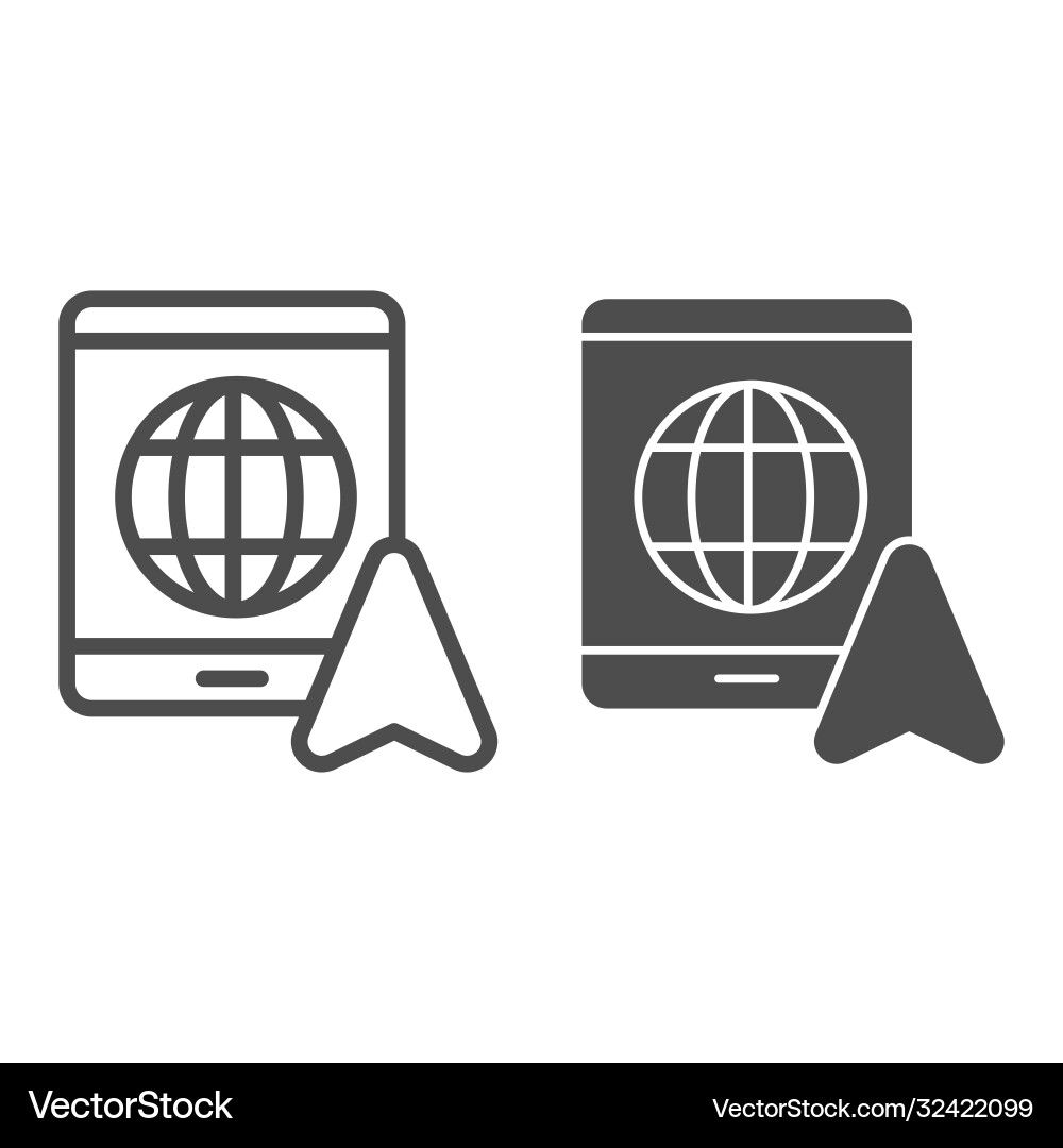 Tablet with globe and navigation pointer line Vector Image