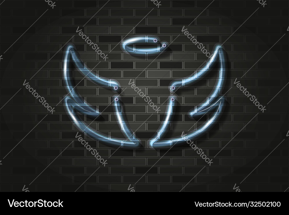 Angel wings and halo glowing neon sign or glass Angel wings and halo glowing neon sign or glass vector image