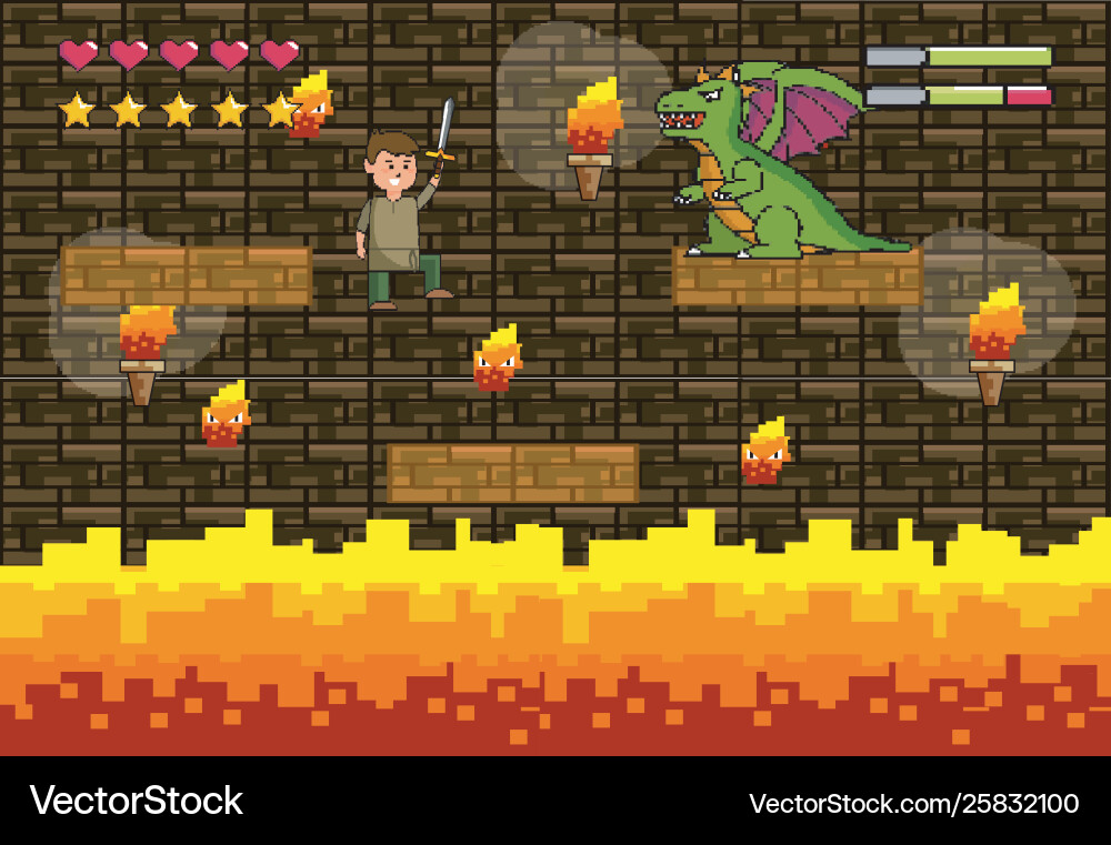 Arcade game world and pixel scene design Vector Image