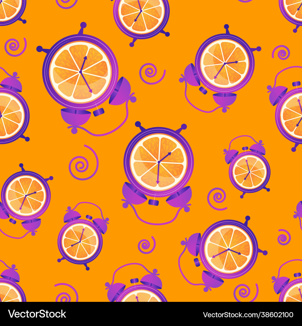 Fun seamless pattern with oranges and alarm clocks Vector Image