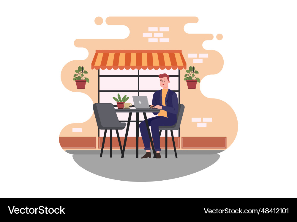 Ein Mann sitzt im Café und arbeitet an Laptop Ein Mann sitzt im Café und arbeitet an Laptop vektorbild