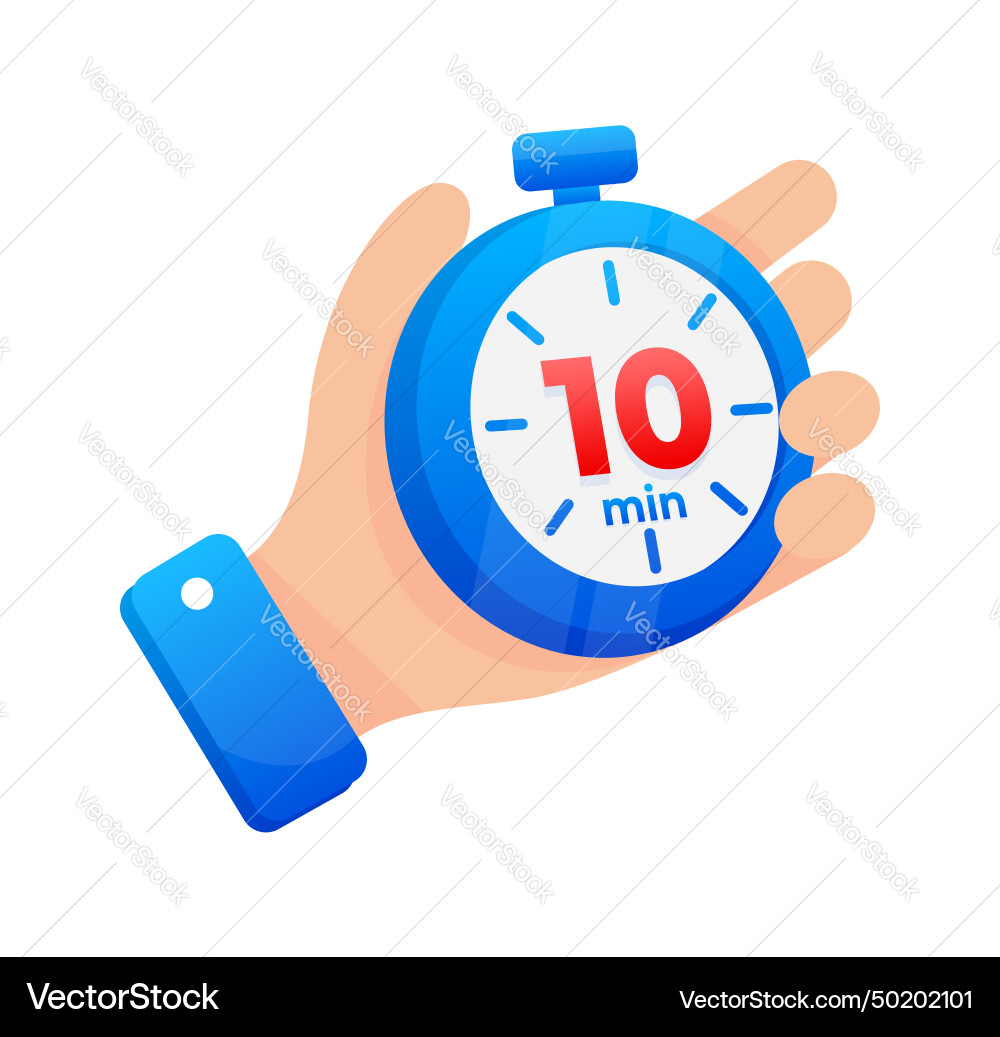 Hand firmly gripping a blue stopwatch set to 10 Hand firmly gripping a blue stopwatch set to 10 vector image