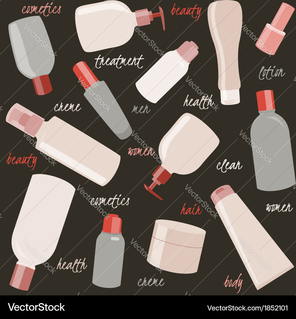 Seamless pattern with cosmetics bottles and text vector image