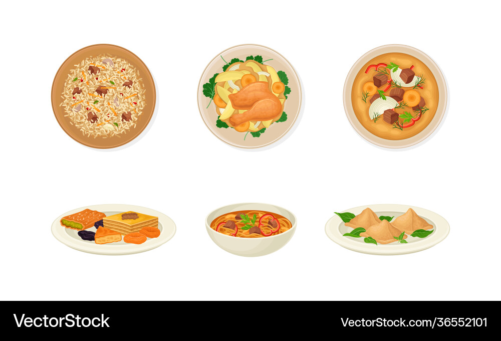 Traditional dishes uzbek cuisine with pilaf Traditional dishes uzbek cuisine with pilaf Vector Image