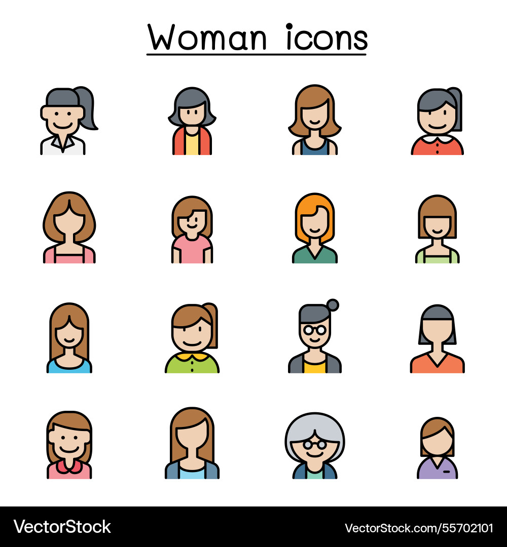 Woman girl lady female mom icon set in colorline Woman girl lady female mom icon set in colorline vector image
