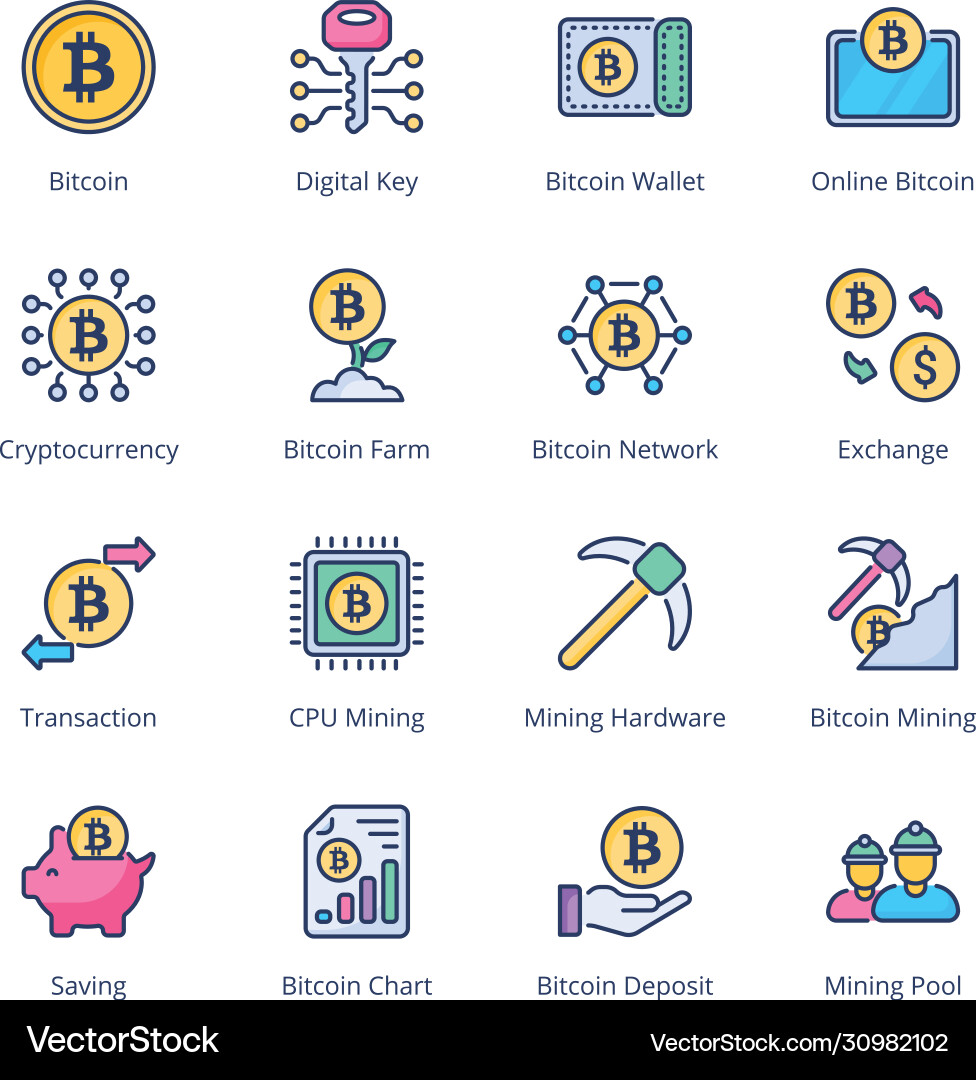 Bitcoin mining filled line icons Bitcoin mining filled line icons vector image