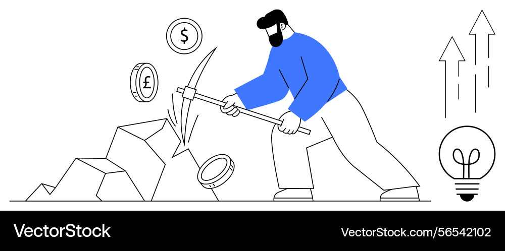 Man mining currency symbols with pickaxe vector image