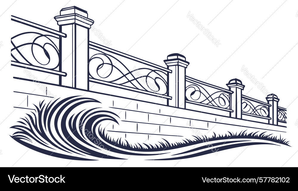Old bridge over crashing waves symbolizing Vector Image
