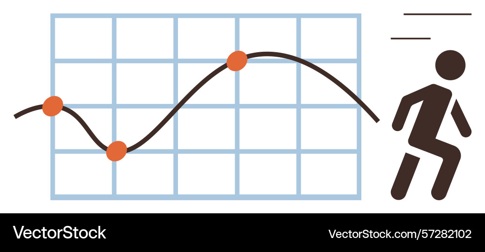 Person moving along a graph line representing data Person moving along a graph line representing data vector image