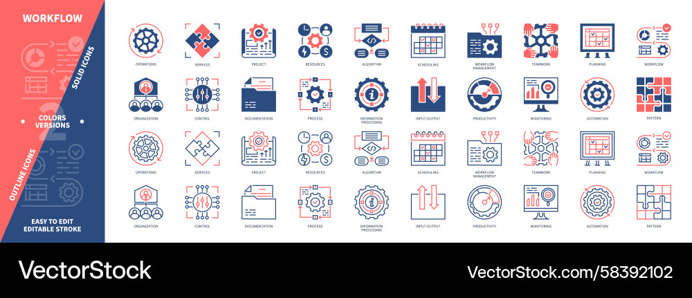 Workflow Icon Set - Solid & Outline Vector Image