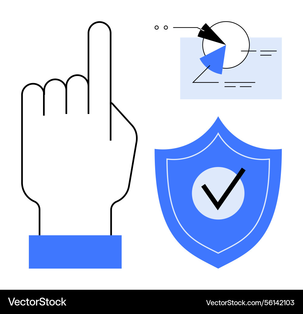 Hand gesture with data chart and shield displaying Hand gesture with data chart and shield displaying vector image