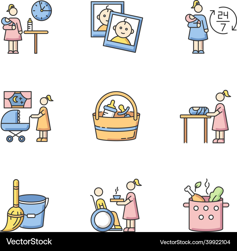 Babysitter service rgb color icons set part time Babysitter service rgb color icons set part time Vector Image