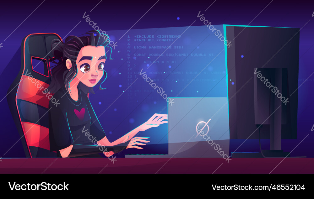 Female programmer working on computer at night Female programmer working on computer at night vector image