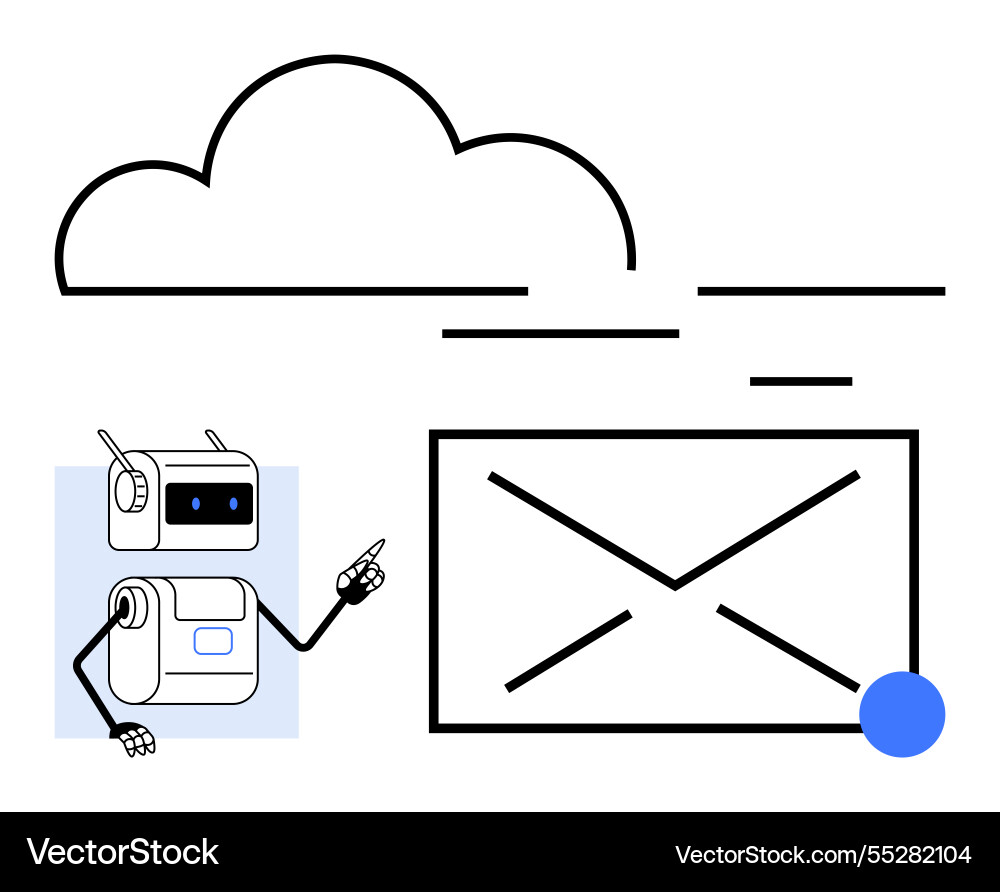 Robot pointing to envelope icon under cloud Robot pointing to envelope icon under cloud vector image