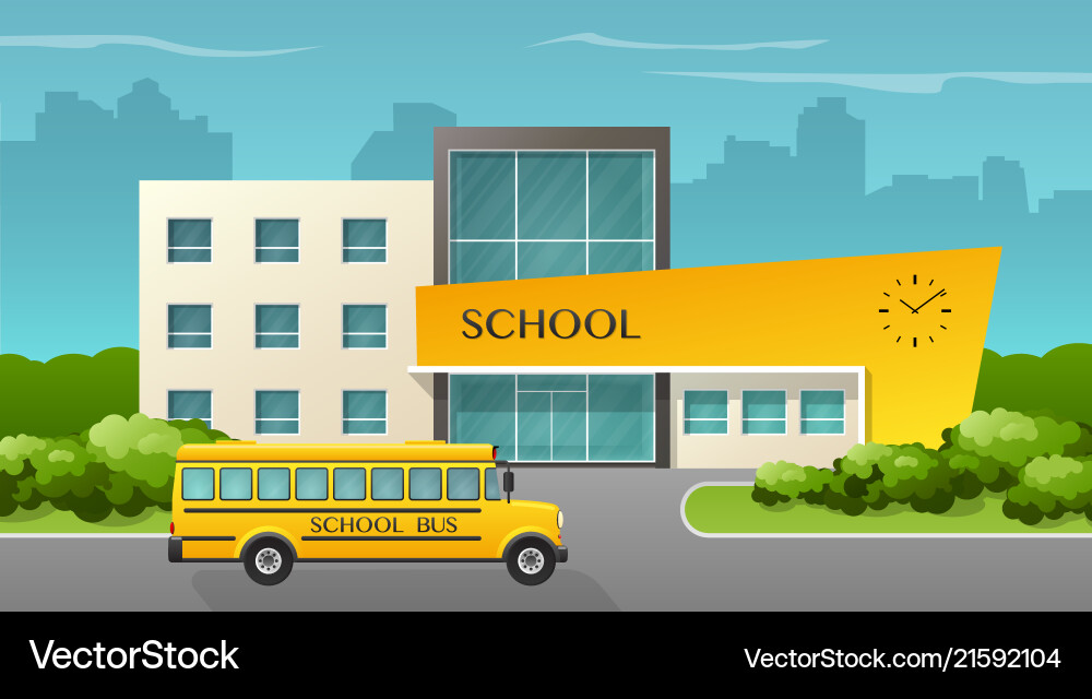 School Building with Bus - Flat Style Vector Image