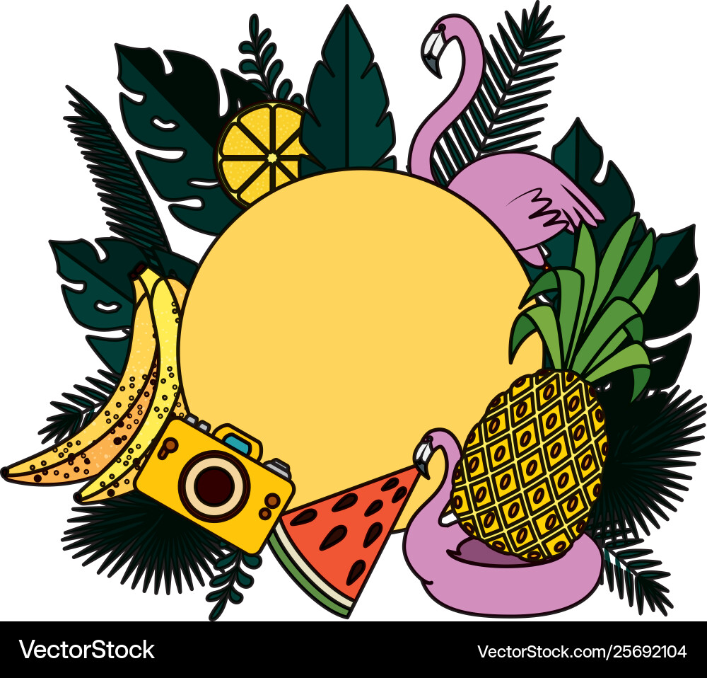 Summer circular frame with leafs and set icons Vector Image