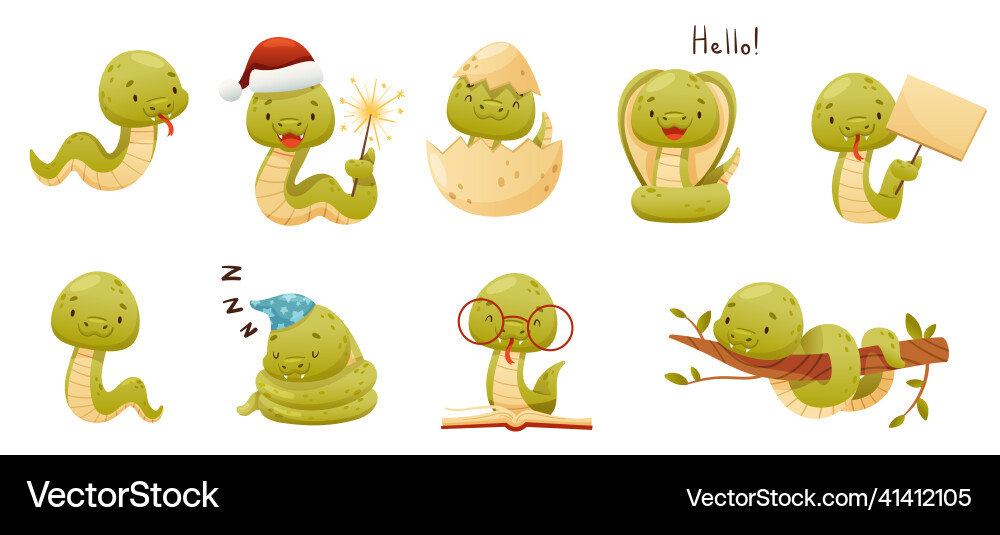 Cute baby snake characters set adorable reptile Cute baby snake characters set adorable reptile Vector Image