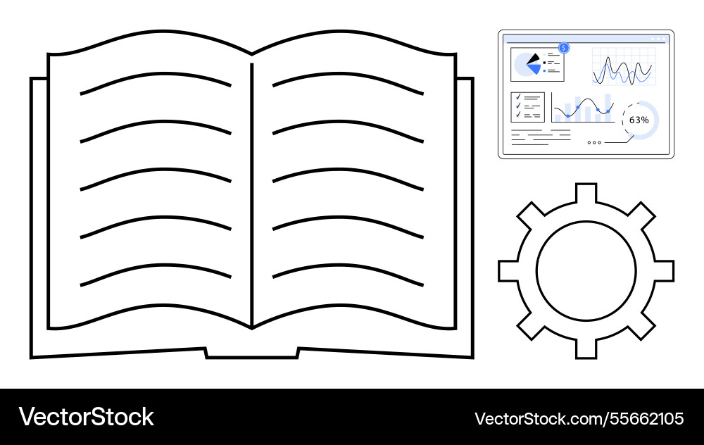 Open book with data analytics panel and gear Open book with data analytics panel and gear Vector Image