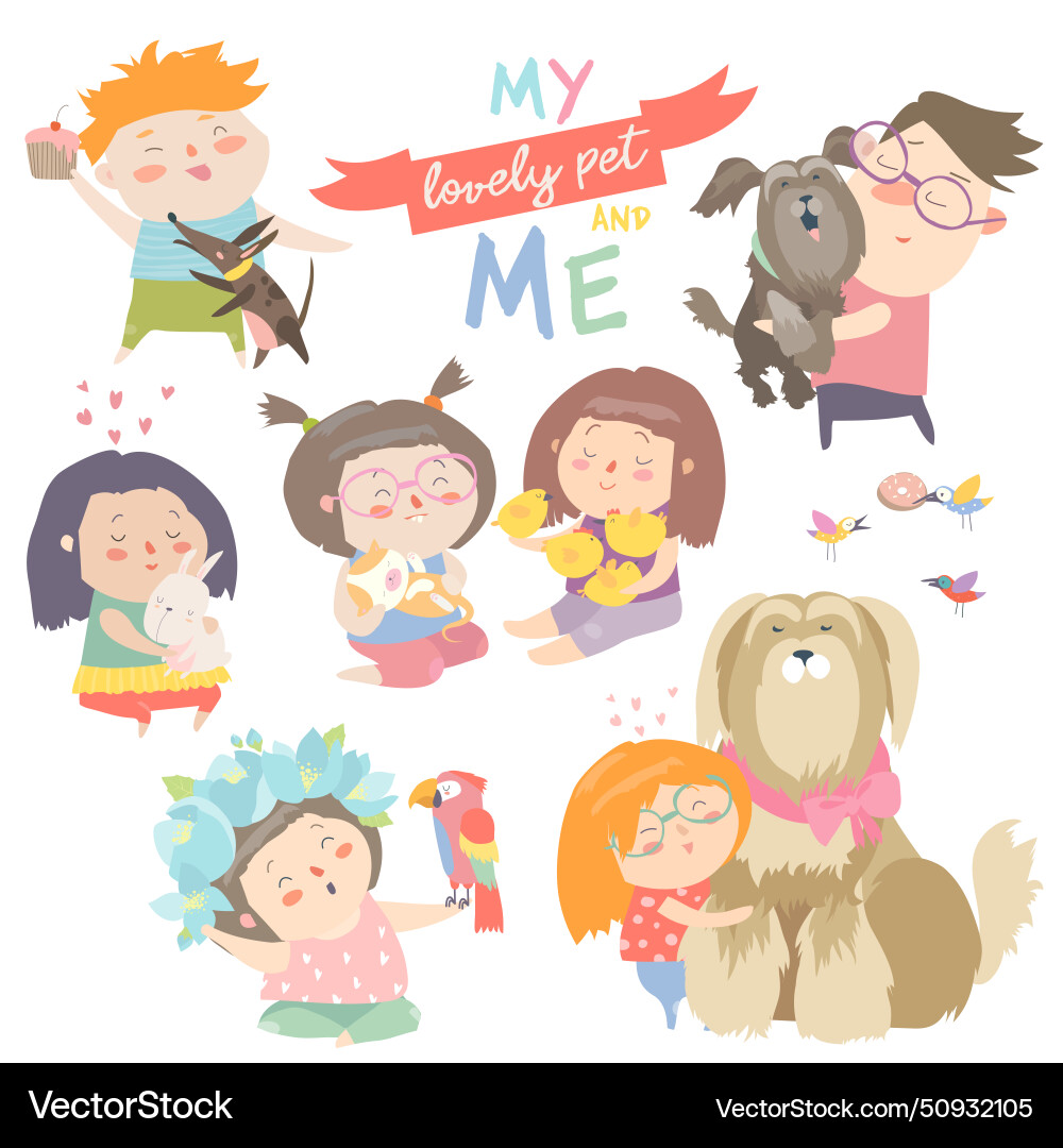 Set of characters children with pets Set of characters children with pets vector image