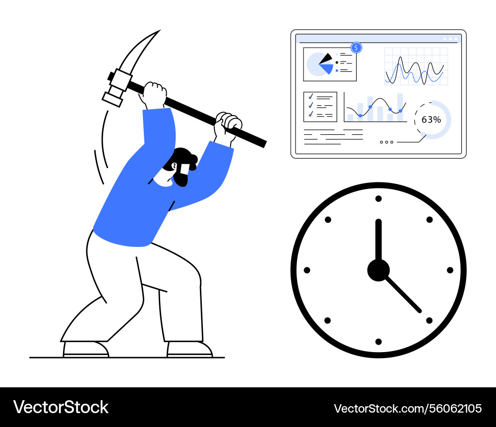 Worker mining data insights with pickaxe near Worker mining data insights with pickaxe near vector image