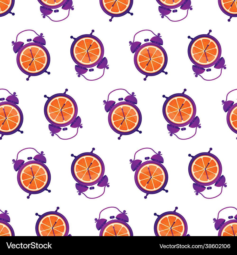 Fun seamless pattern with oranges and alarm clocks Fun seamless pattern with oranges and alarm clocks Vector Image