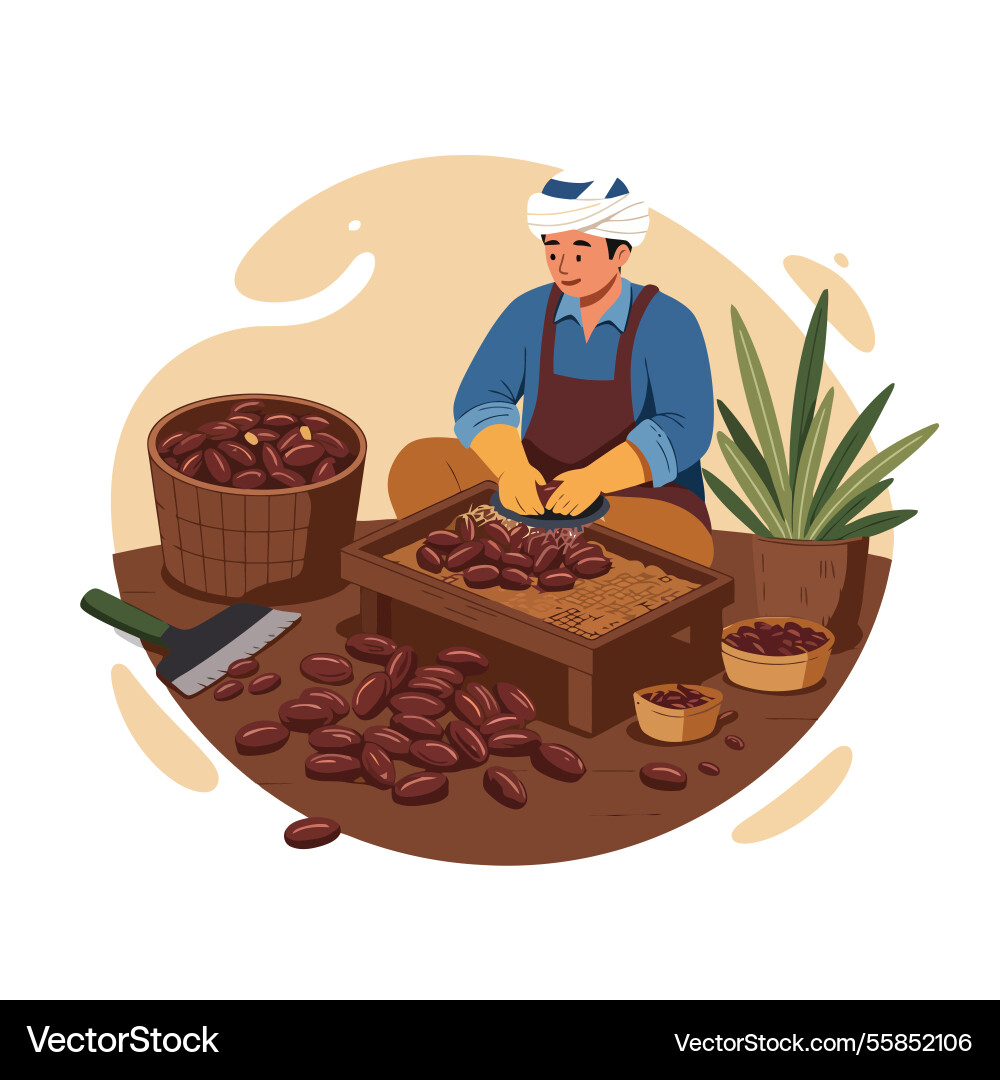 Man preparing dates in traditional setting Vector Image