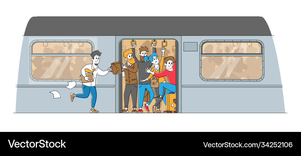 Man running in subway platform to crowded train Man running in subway platform to crowded train Vector Image
