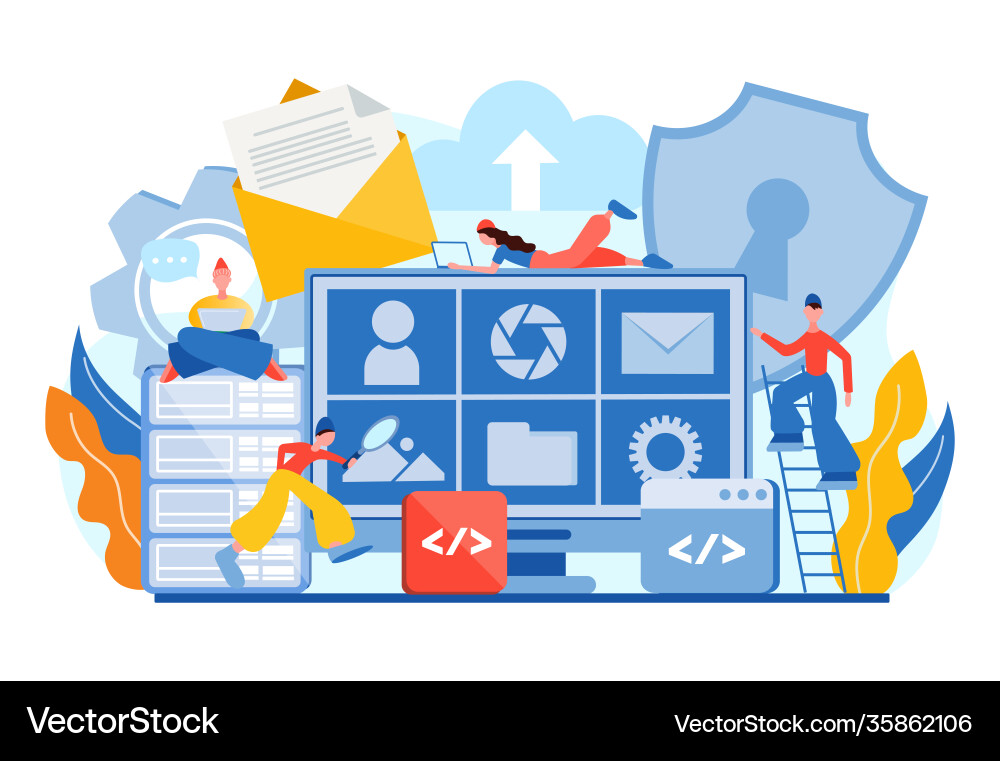 Tiny people teamwork database security Tiny people teamwork database security vector image