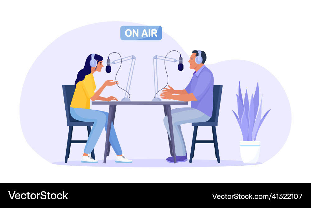 Radio host interviewing guests on station Radio host interviewing guests on station Vector Image