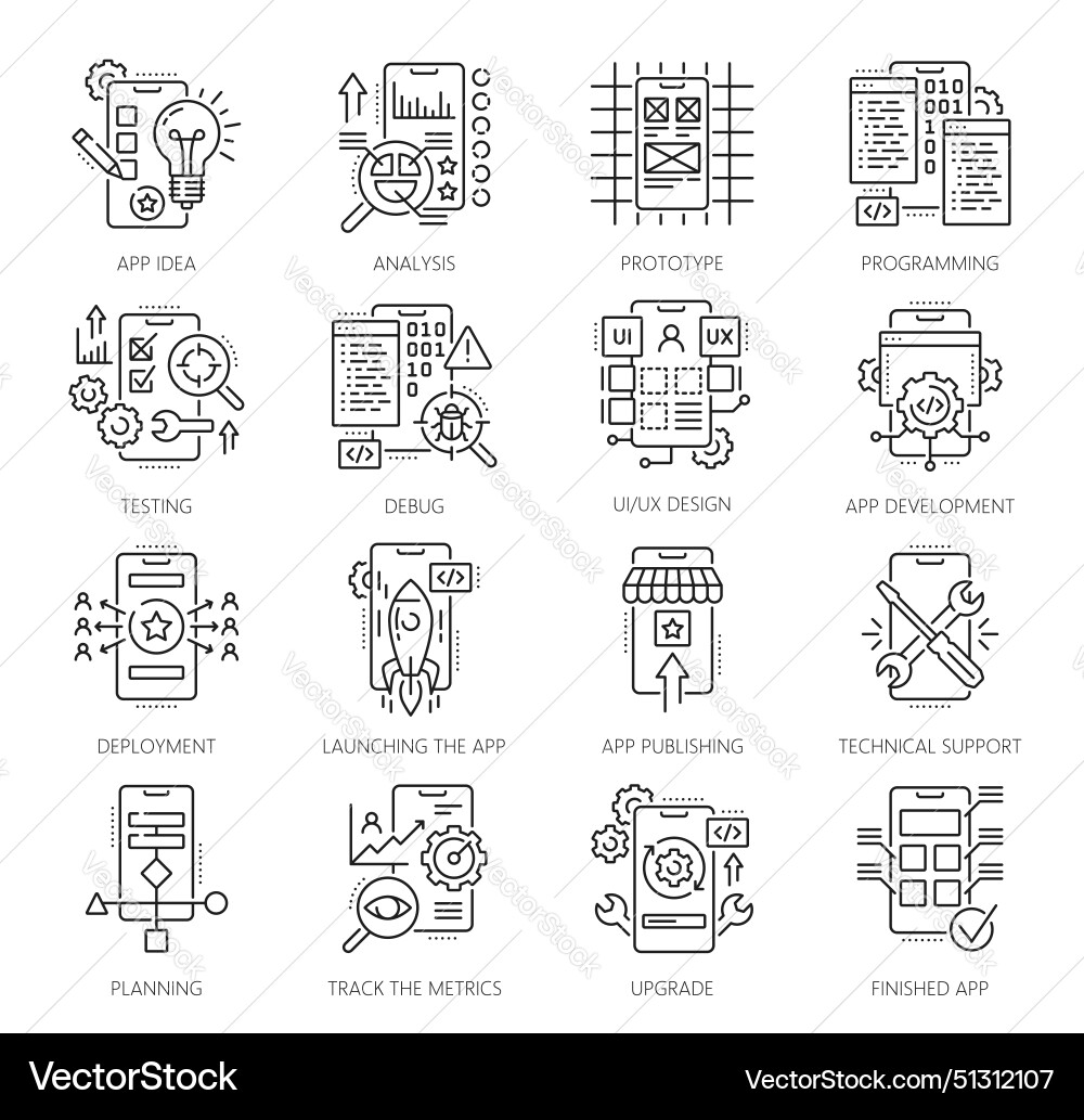 Web-App-Entwicklung und Optimierungs-Line-Icons Web-App-Entwicklung und Optimierungs-Line-Icons vektorbild