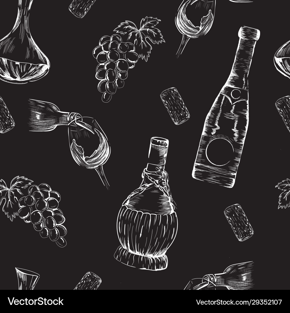 Wine glasses bottle cork chalk seamless pattern Wine glasses bottle cork chalk seamless pattern vector image
