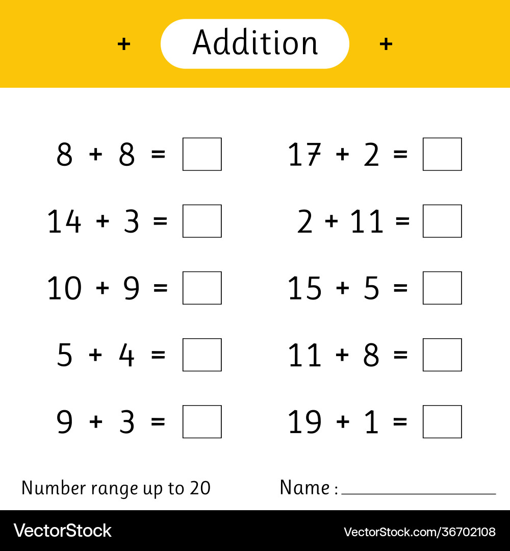 Addition number range up to 20 math worksheet Addition number range up to 20 math worksheet vector image