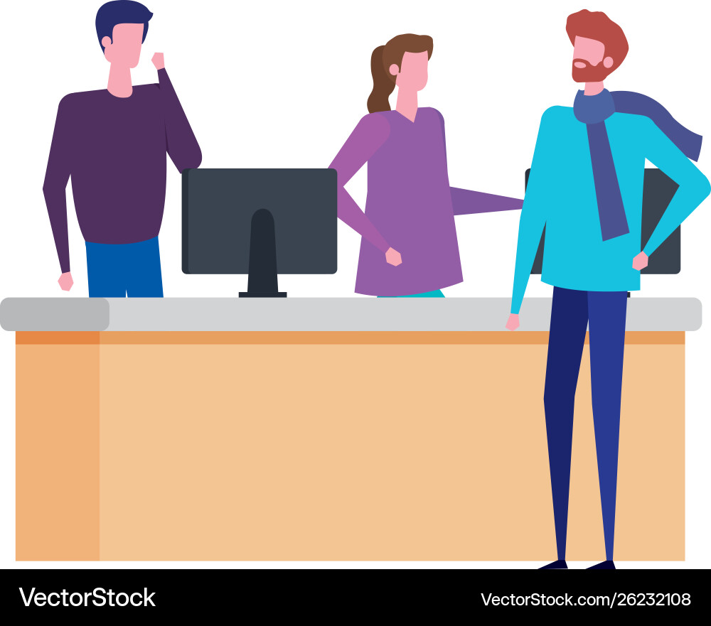 Couple working in desk with computers and man Vector Image