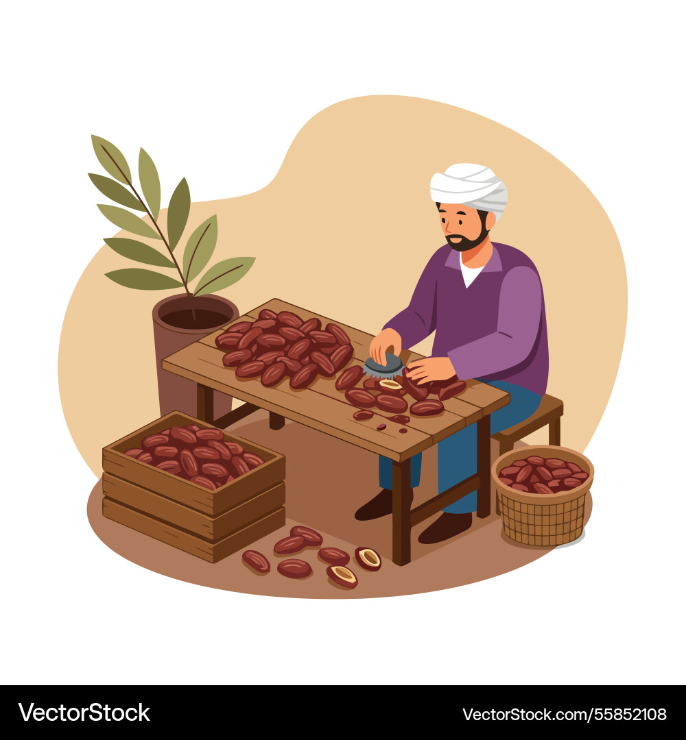 Man cutting dates on table preparing food Vector Image