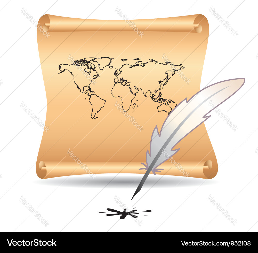 Old papyrus with map and feather vector image