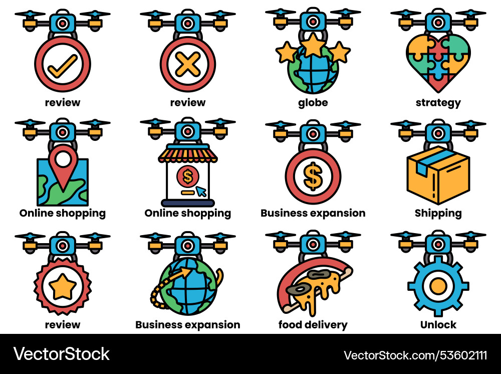 A set of images drones with various items A set of images drones with various items Vector Image