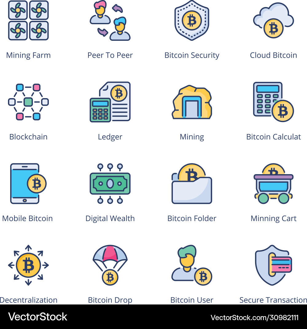 Bitcoin mining filled line icons Vector Image