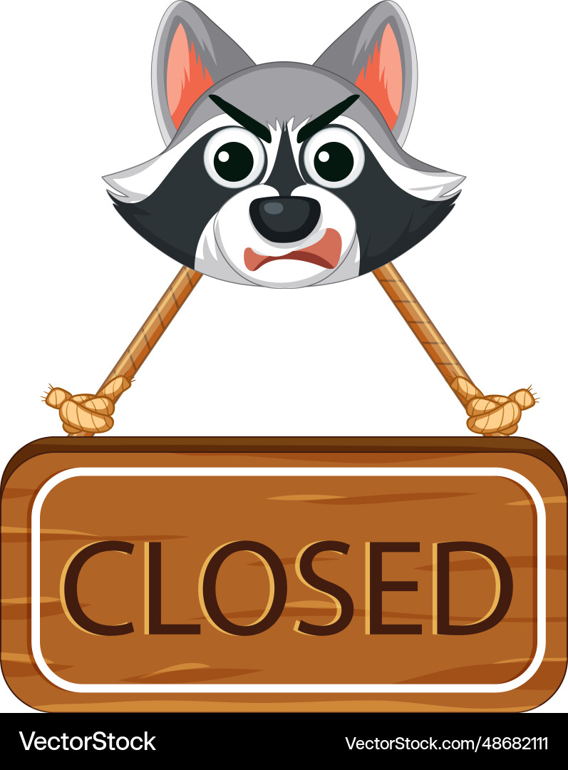 Closed sign banner with raccoon face Royalty Free Vector
