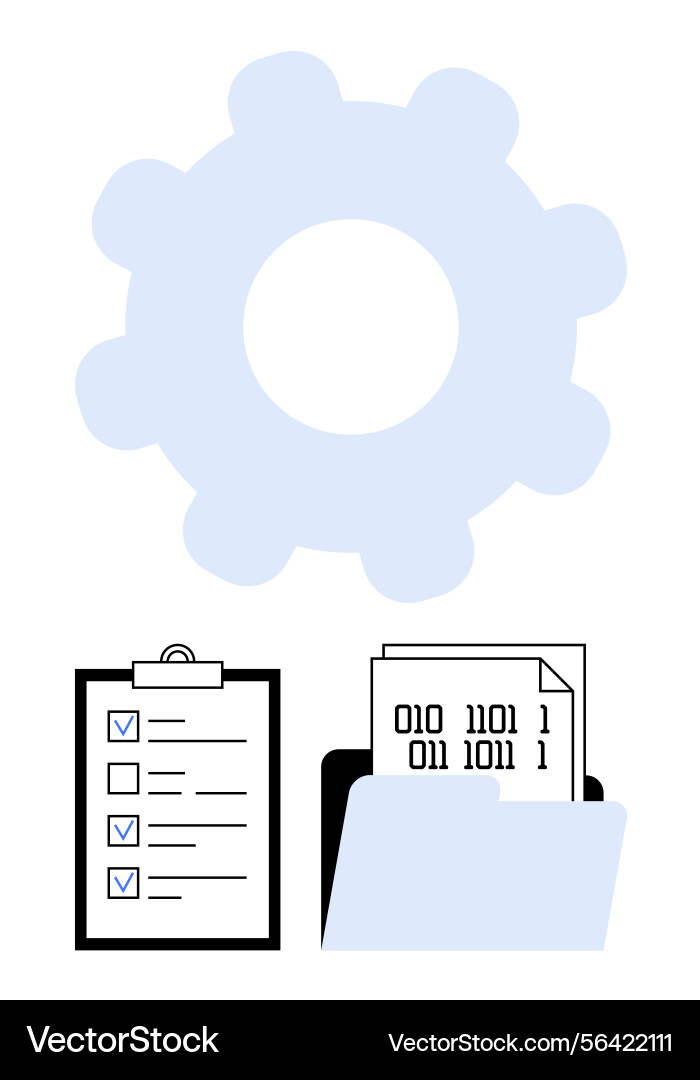 Gear with clipboard and folder of binary code Gear with clipboard and folder of binary code vector image