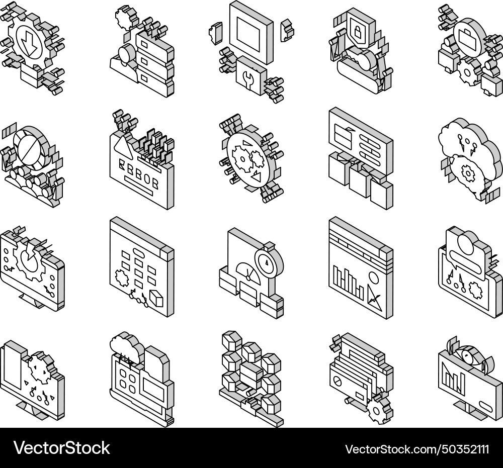 System work process collection isometric icons set Vector Image