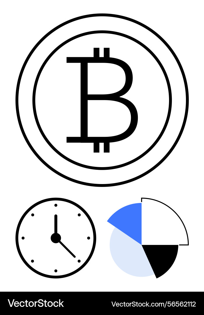 Cryptocurrency bitcoin coin with clock and pie Cryptocurrency bitcoin coin with clock and pie vector image